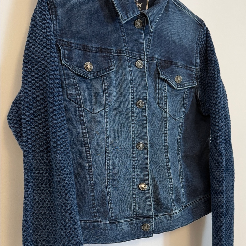Silver Jeans Jacket with Knit Sleeves